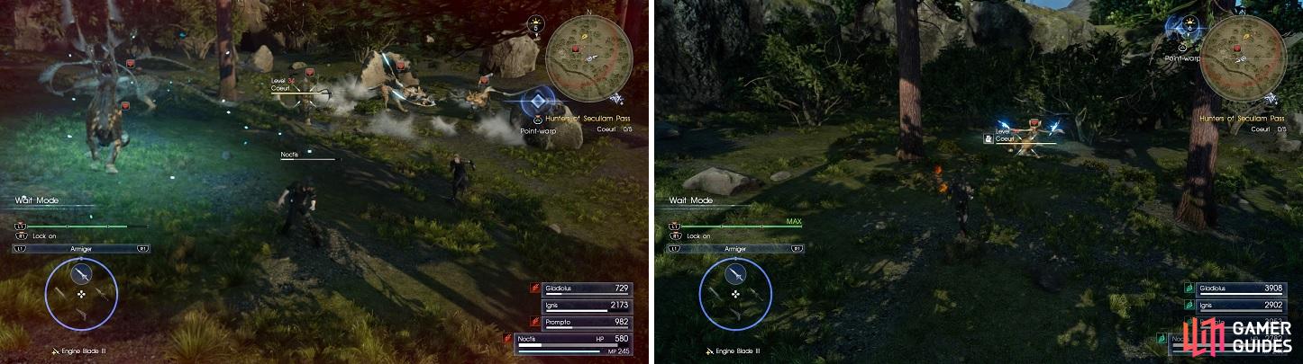 Fighting 5 Coeurls at once is very challenging (left). Avoid hitting a Coeurl when it is resting on the ground (right).