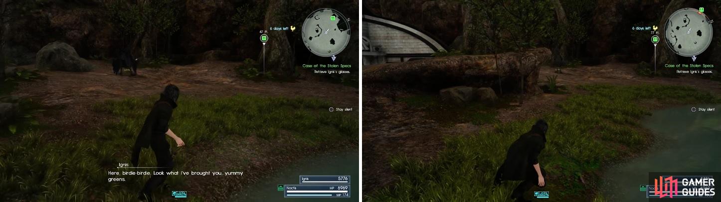 Slowly make your way towards the tree (left), pressing Square/X whenever the Chocobo looks around to stay silent (right).