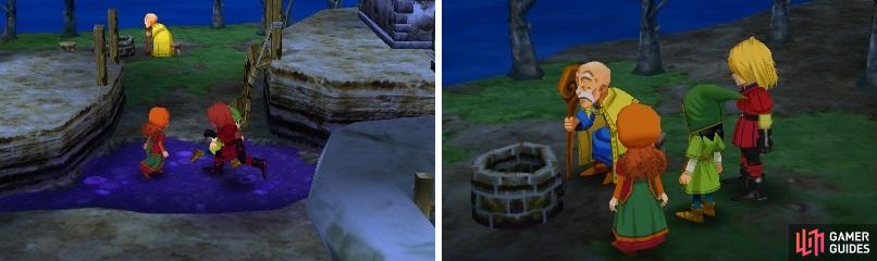 Be careful of the purple water, as it damages you when you walk over it (left). Talk to the old man by the well to continue the story (right).