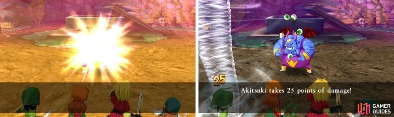 Hackrobat’s shine move can Dazzle your characters (left), making them have a harder time hitting the boss. His wind move can deal some big damage to a single character (right).