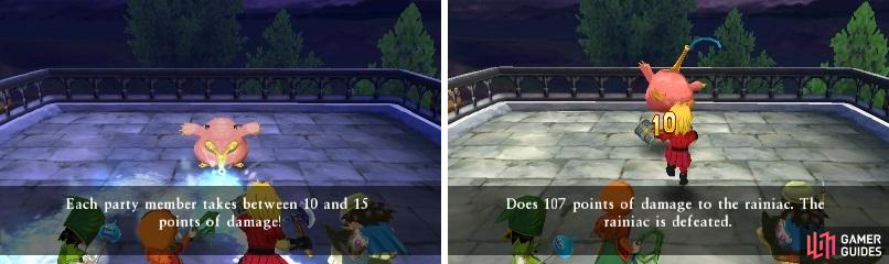Rainiac’s frosty breath can hit all of your characters (left). Kiefer’s Focus Strength can really output a lot of damage (right).