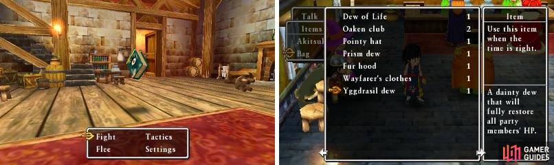 There are even mimics for books in this game (left). It’s a good idea to purchase a Yggdrasil Dew (right).