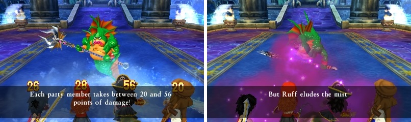 Cold breath is Gracos’ most dangerous move (left). He can envenomate a single character with his poison breath (right).