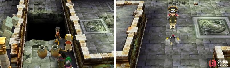 Listen to Goobris’ warning about the floor being weak, as walking on it will create a hole (left) and send you to the floor below (right).