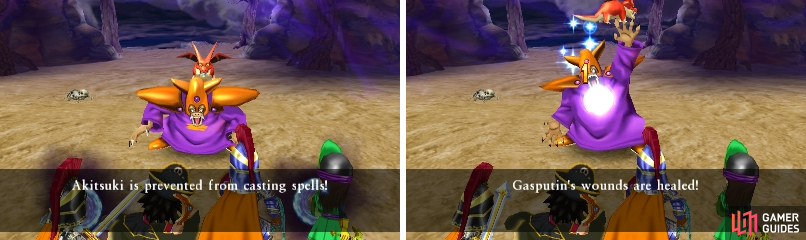 Not only can Gasputin prevent you from casting spells (left), he can also heal himself (right).