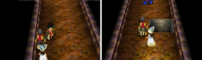 Steer to the left side in this hallway (left) to avoid the hole that will drop you to the floor below should you step over its area (right).