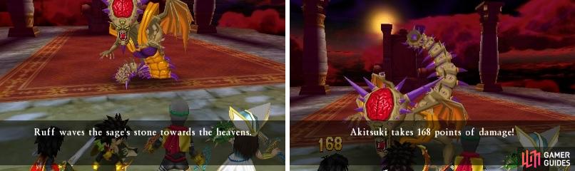 The Sage’s Stone is a great item for healing (left). The tail attack in the second form hurts a lot (right).