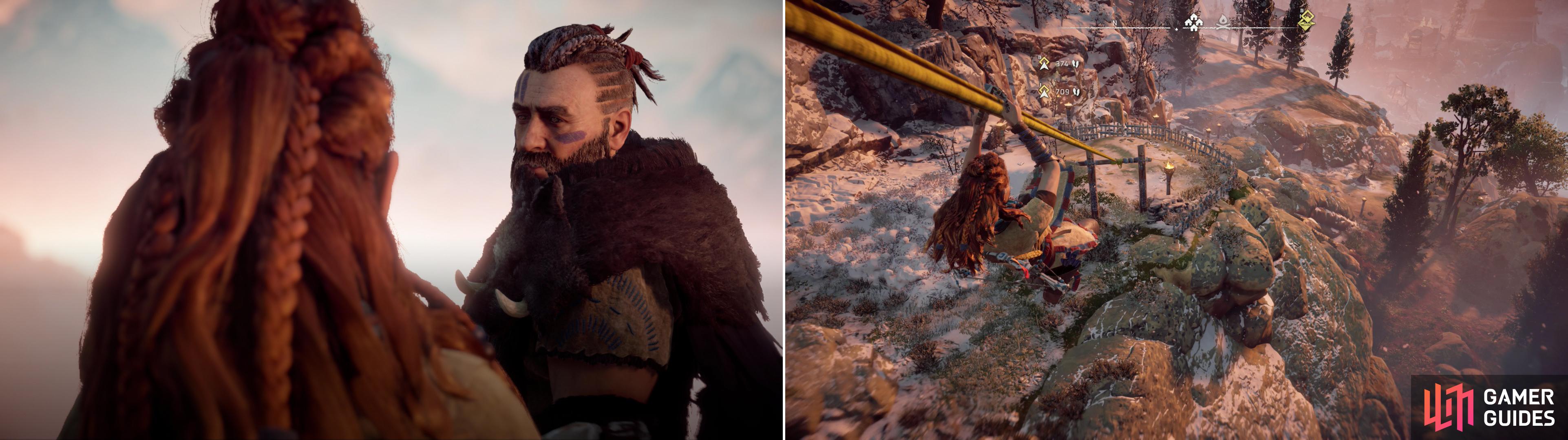 Talk to Rost, who will tell you about a mysterious hunt you need to prepare for (left). Once Aloy and Rost have set up some objectives, use the nearby zipline to reach the valley (right).