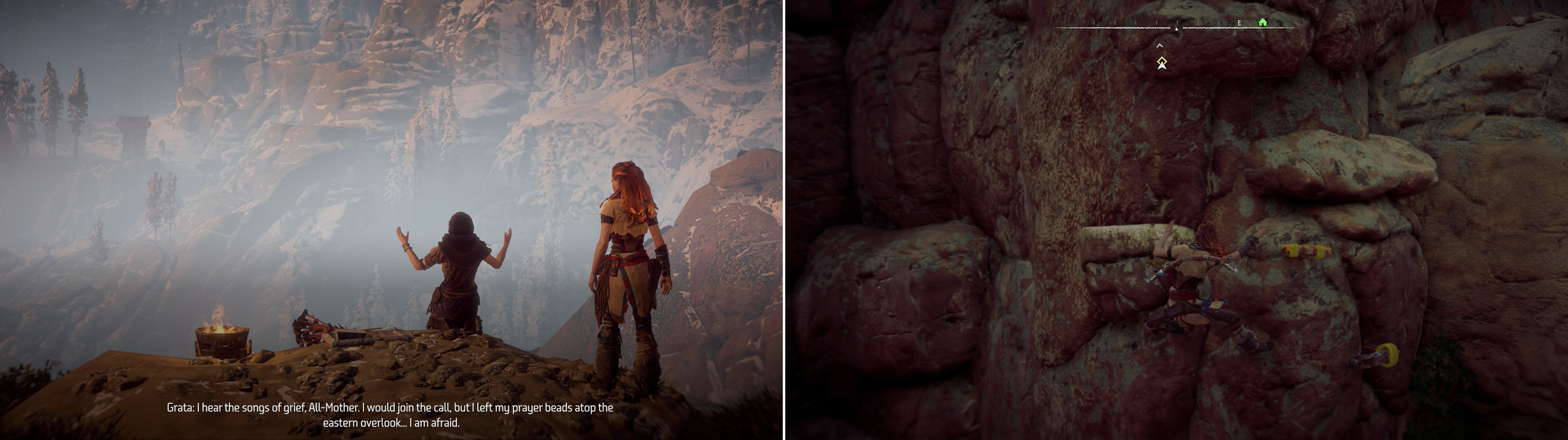 After you give Odd Grata some food she’ll make another request (left). You’ll have to use various hand holds to scale up a mountain to reach the eastern overlook (right).