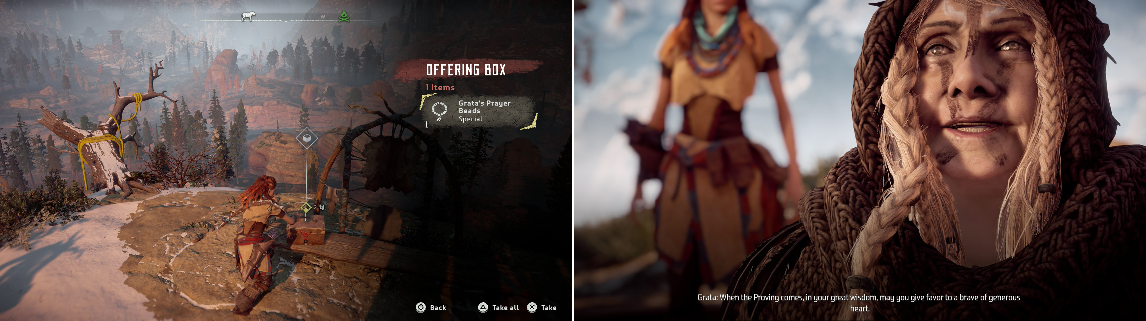Find Grata’s Prayer Beads in an Offering Box on the overlook (left), then return to Odd Grata to recieve her gratitude… kind of (right).