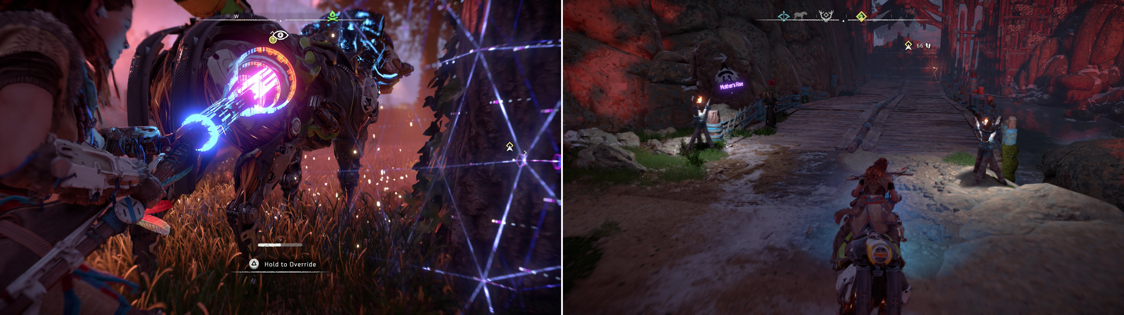 Use the device you got from the Corruptor to override a Strider (left), then ride it to the Main Embrace Gate (right).