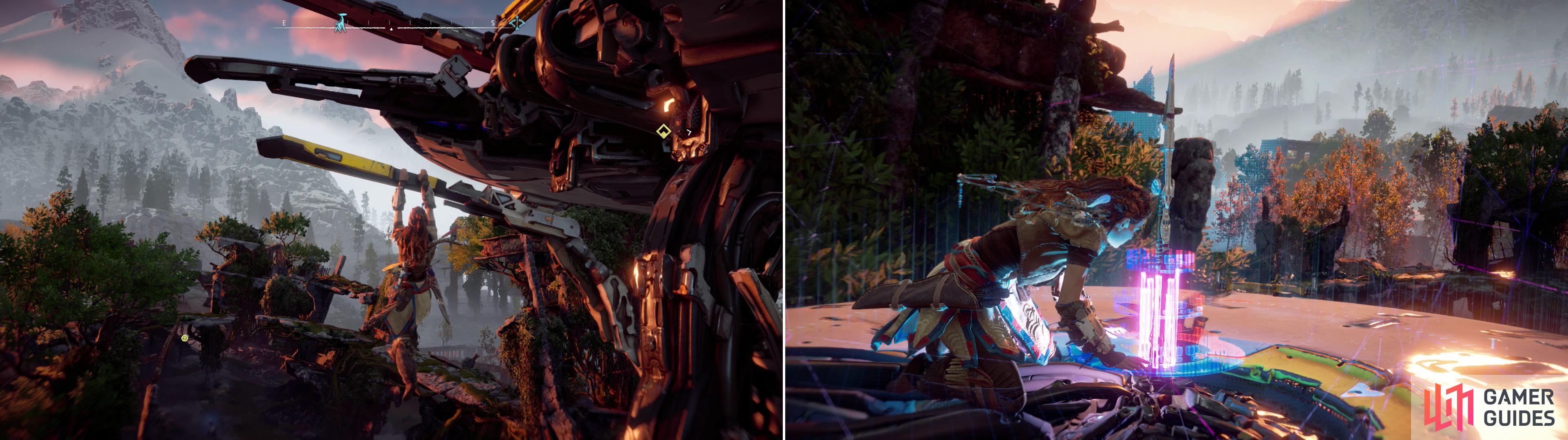 Use the Tallneck’s antennae to reach its disc-like head (left) then override the massive machine to reveal a huge section of the map (right).