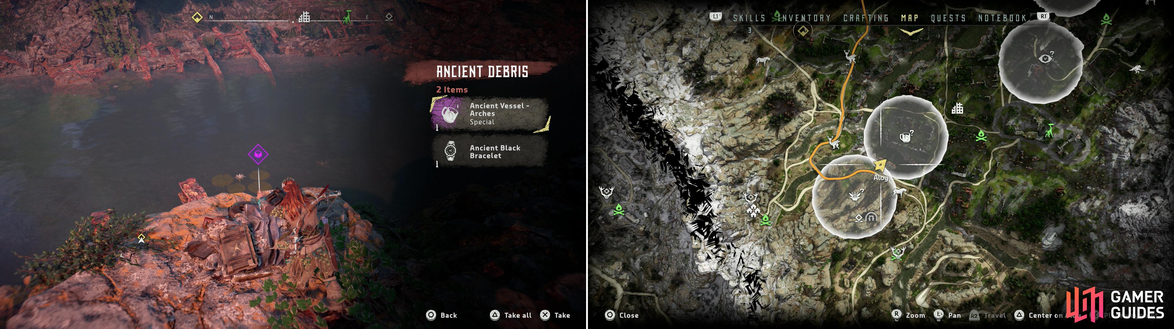 Search a pile of Ancient Debris to find the Ancient Vessel - Arches (left) at the location indicated on the map (right).