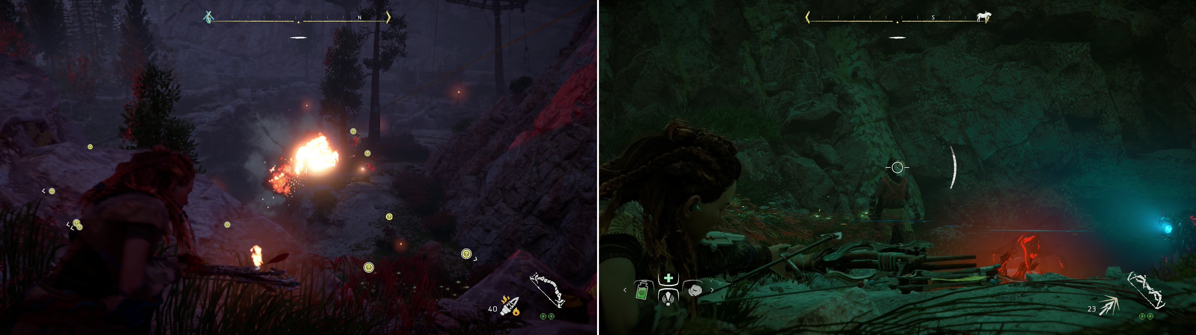 Take advantage of Blaze barrels to eliminate foes (left), or take a somewhat more direct approach (right).