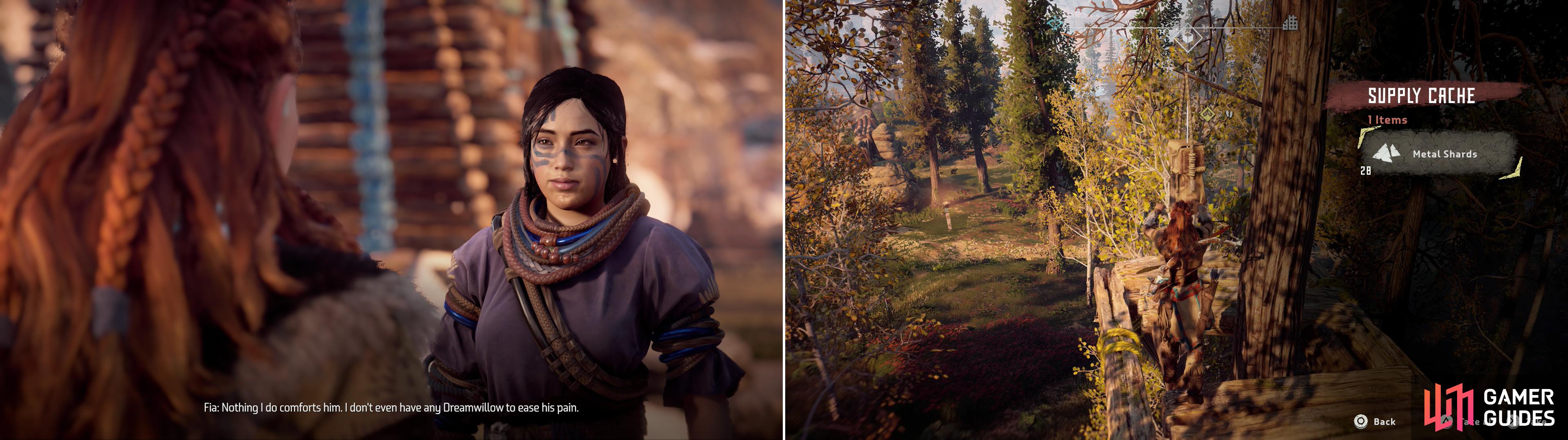 Talk to Fia to learn that she’s short a critical herb, and that wounded braves are suffering because of it (left). Search two Supply Caches in the wilderness to find that stockpiles of the herb are surprisingly missing (right).