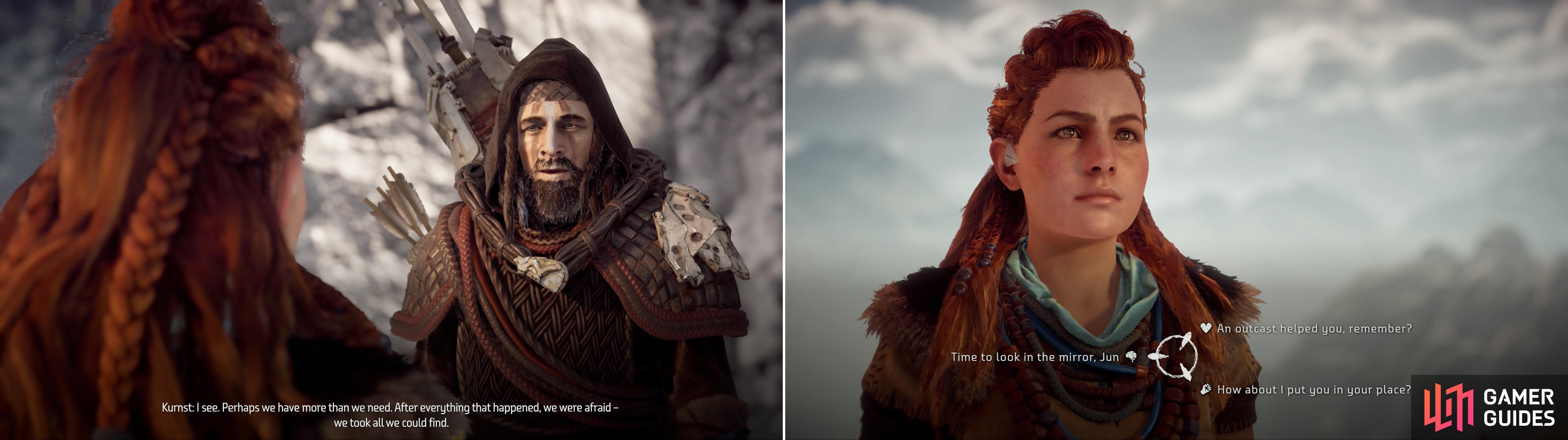 Aloy and the leader of the outcasts will come to terms without trouble (left) after which you’ll get a chance to make a trialogue response to a vitriolic Jun (right).