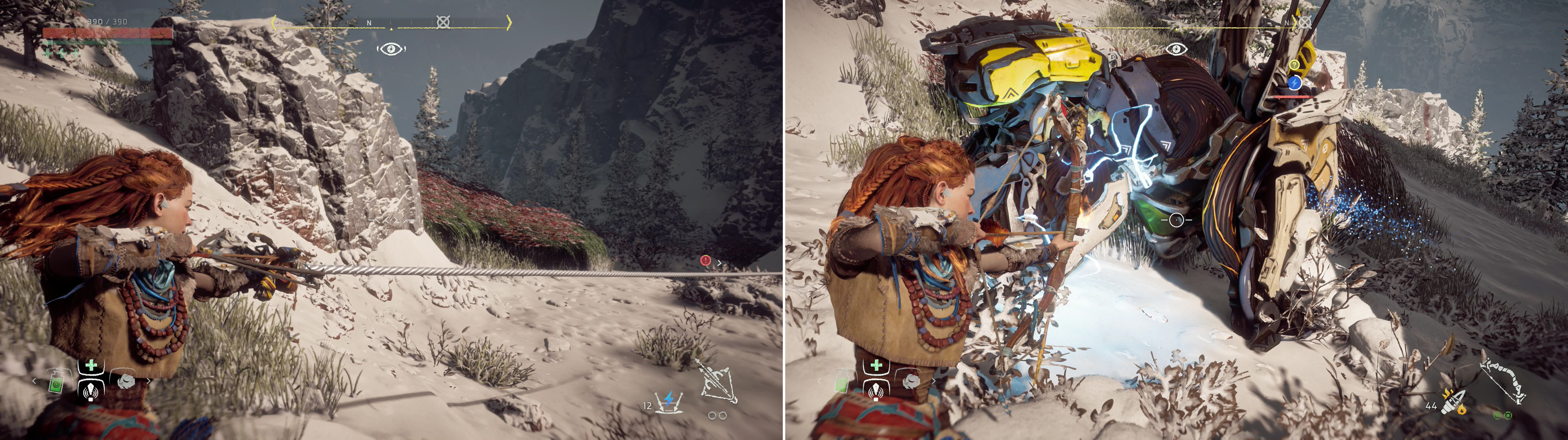 Use your trusty Tripcaster (left) to set up traps for the Sawtooth, and target its Blaze Canister when you’ve got a clear shot (right).