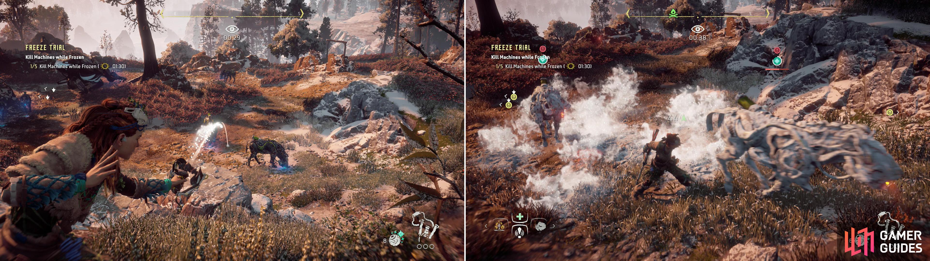Use the Sling to freeze groups of Striders (left) then quickly dispatch them in melee (right).