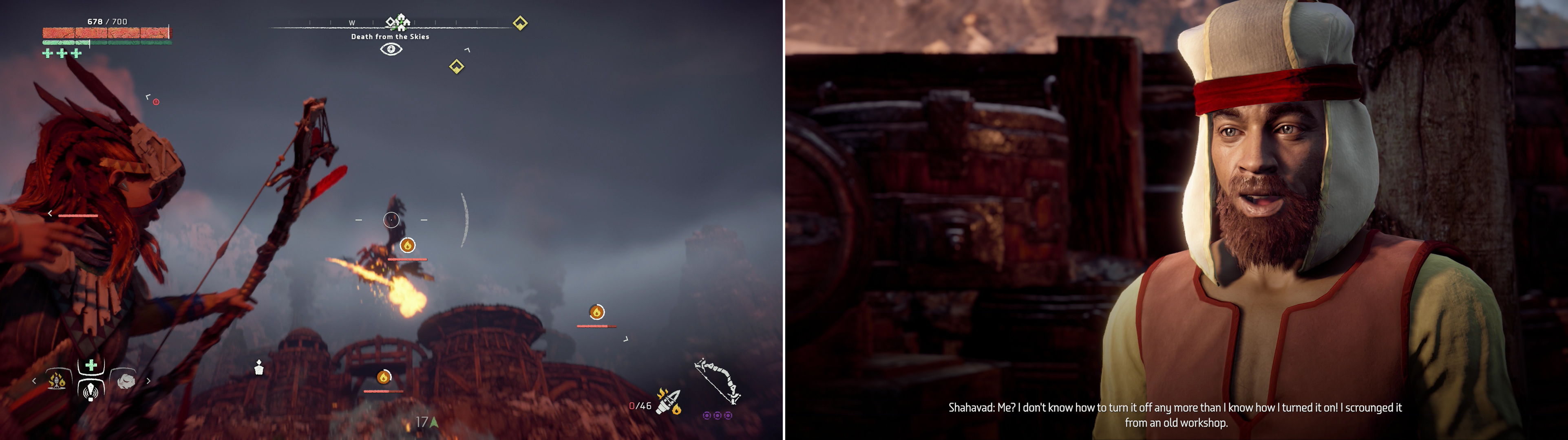Shoot down the Glinthawks assaulting Pitchcliffs (left) then talk to Shahavad to learn what’s luring them (right).