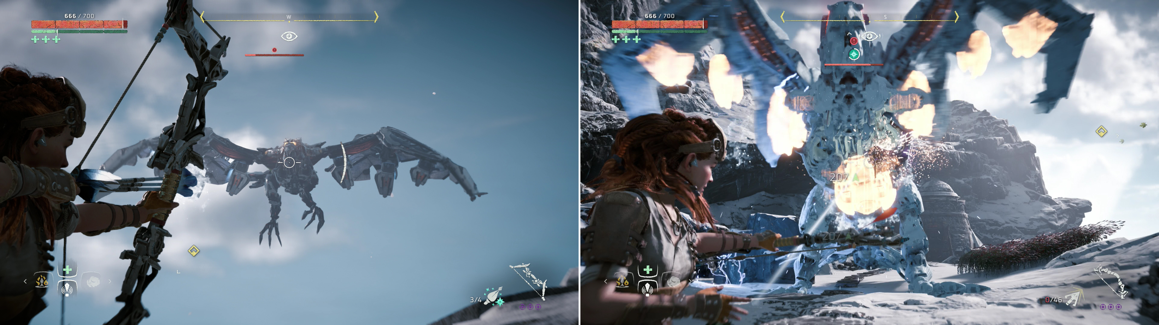 Pelt the Stormbird with Freeze Arrows to knock it out of the sky (left) and leave it more vulnerable to impact damage (right).