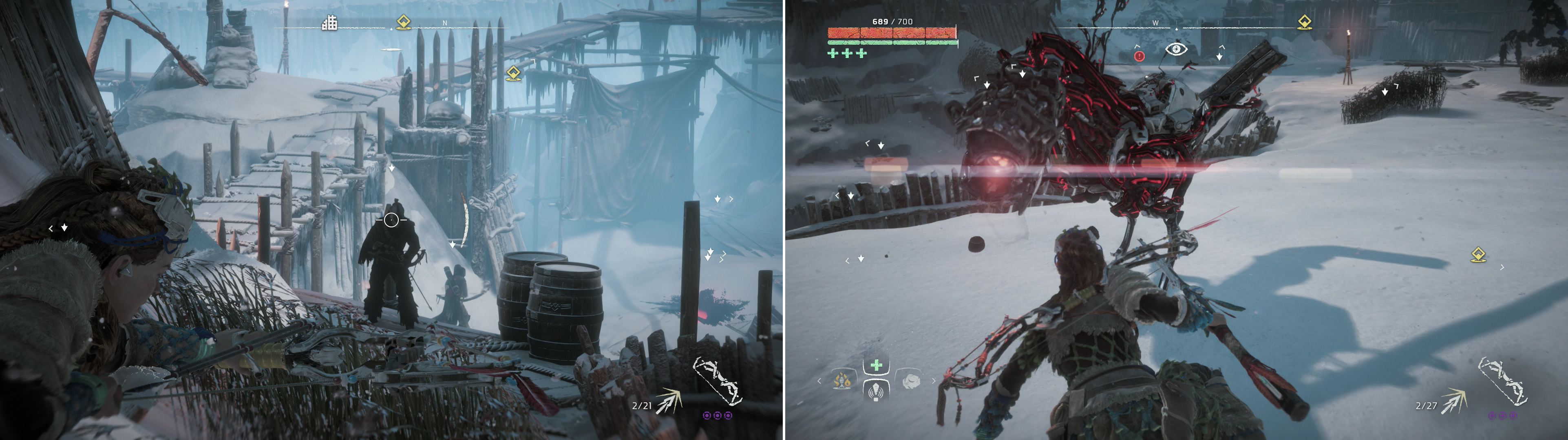 Pick off the Cultist soldiers from a distance (left), and sneak up and exterminate their Corrupted Watchers (right).