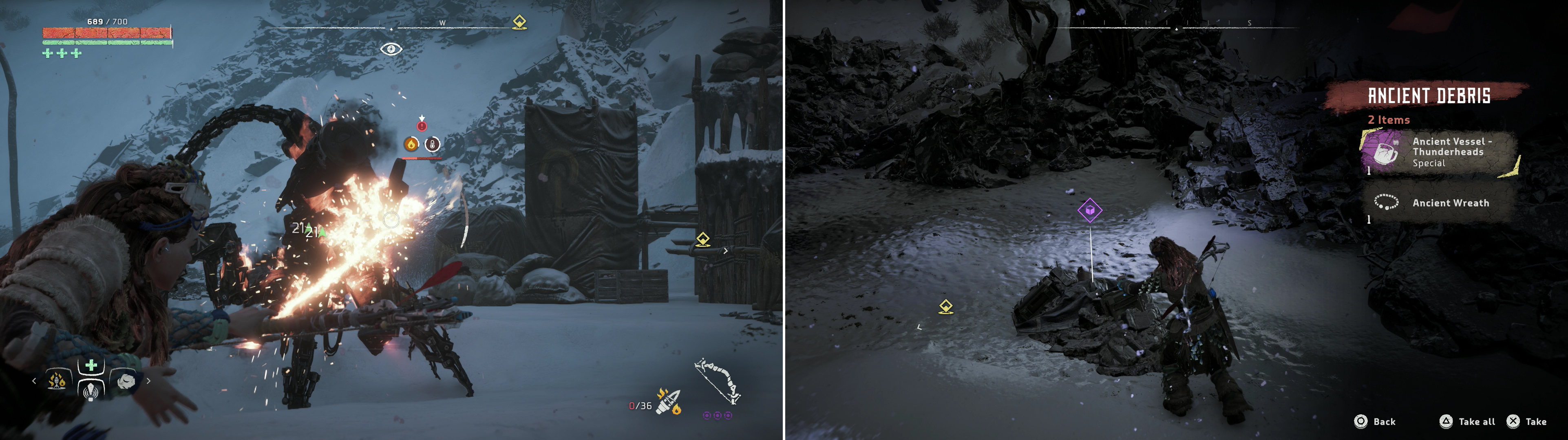 A Corruptor is the most dangerous foe lurking on the outskirts of the ruins (left). On your way through the ruins pluck the Ancient Vessel - Thunderheads out of a pile of Ancient Debris (right).