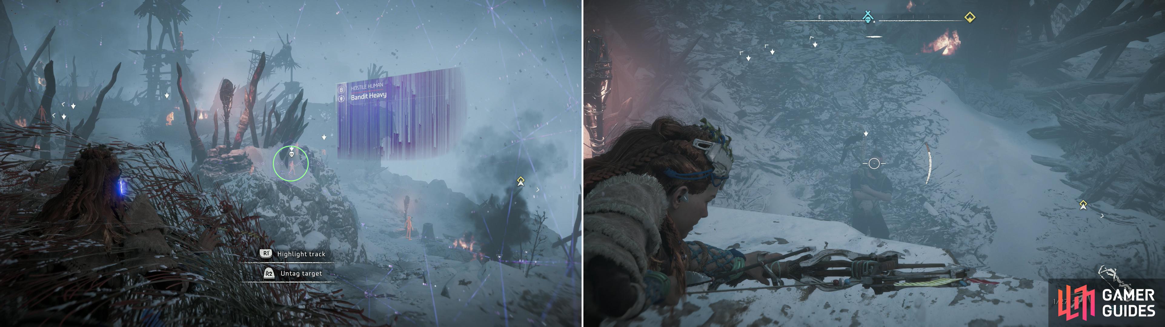 Scan and mark the locations of the Bandits (left) then pick off what Bandits you can from the ledge along the northwestern end of camp (right).