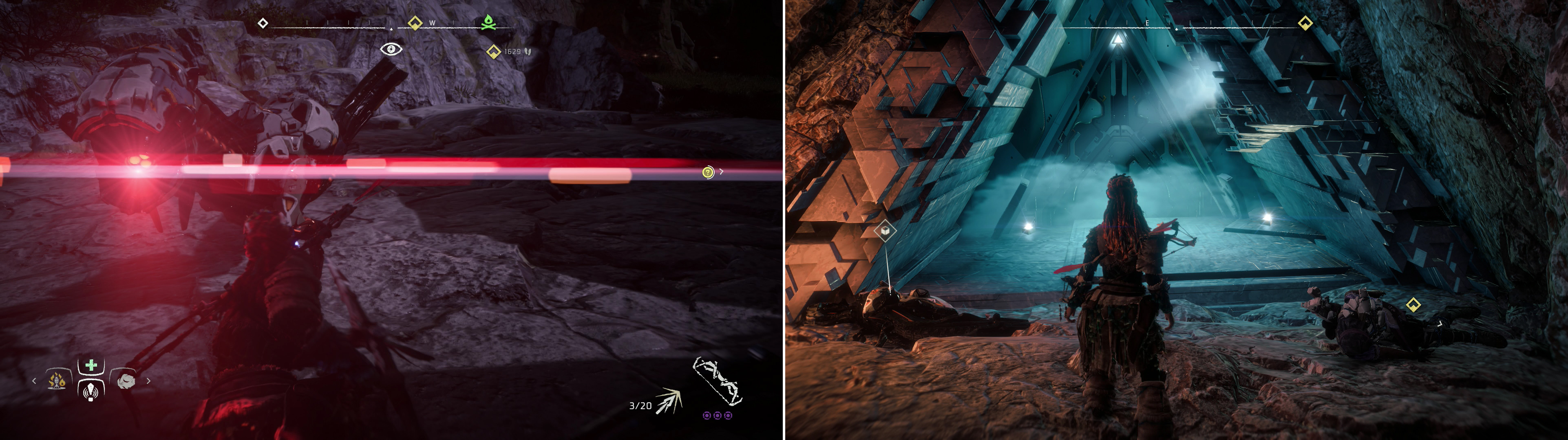 Destroy the Watchers outside Cauldron RHO (left) then descend into a pit to find a subterranean door you can override (right).