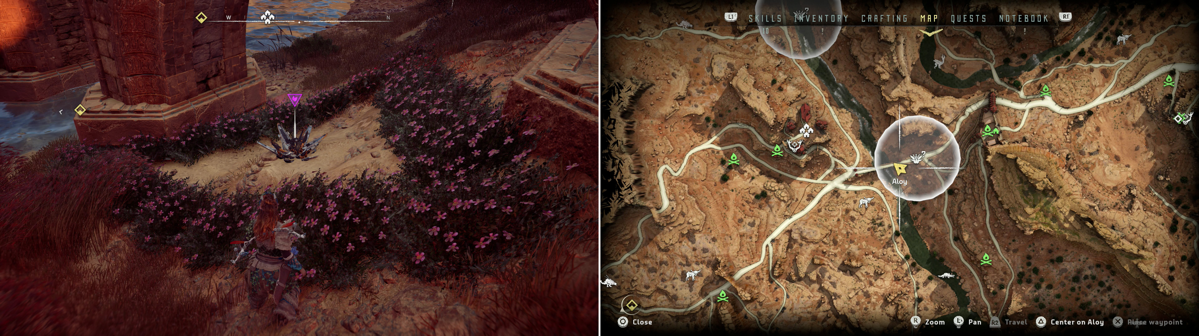 Find Metal Flower - Mark III (J) (left) at the location indicated on the map (right).