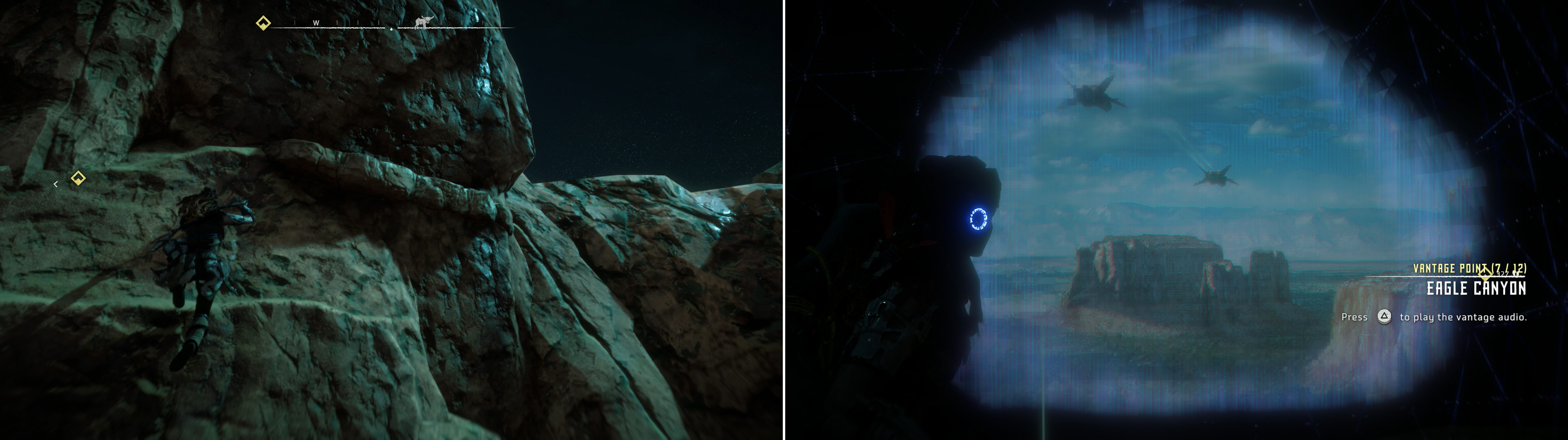 Climb some cliffs along the road to Meridian (left) and use your Focus to scan the Vantage - Eagle Canyon (right).