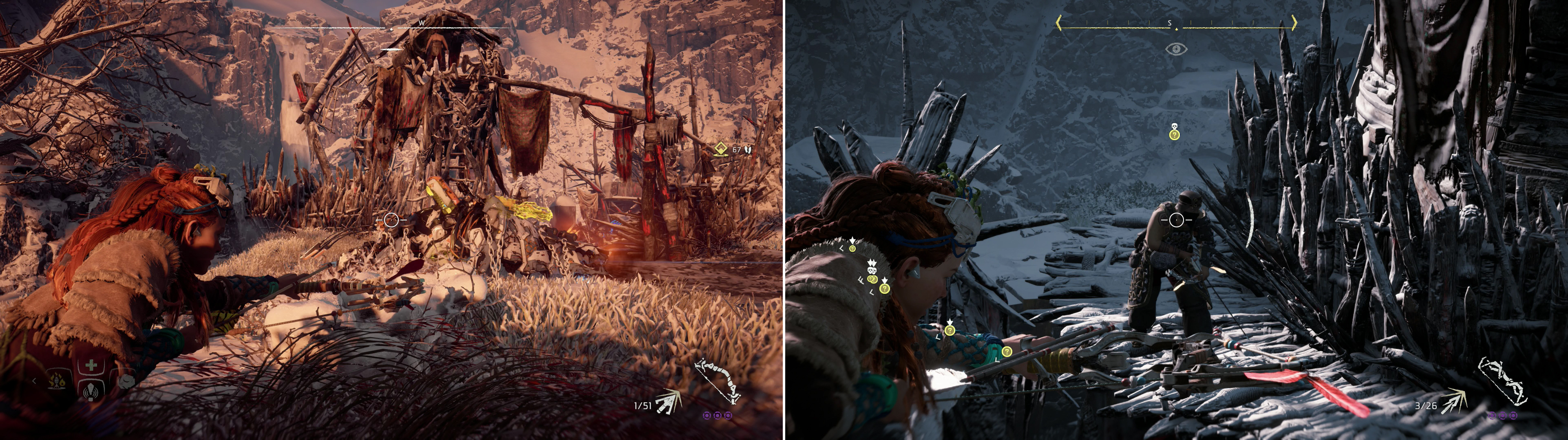 Shoots the chains tying down machines to unleash them on the Oseram (left). Don’t expect them to do all the work for you, however - some mercenaries will likely require your direct attention (right).