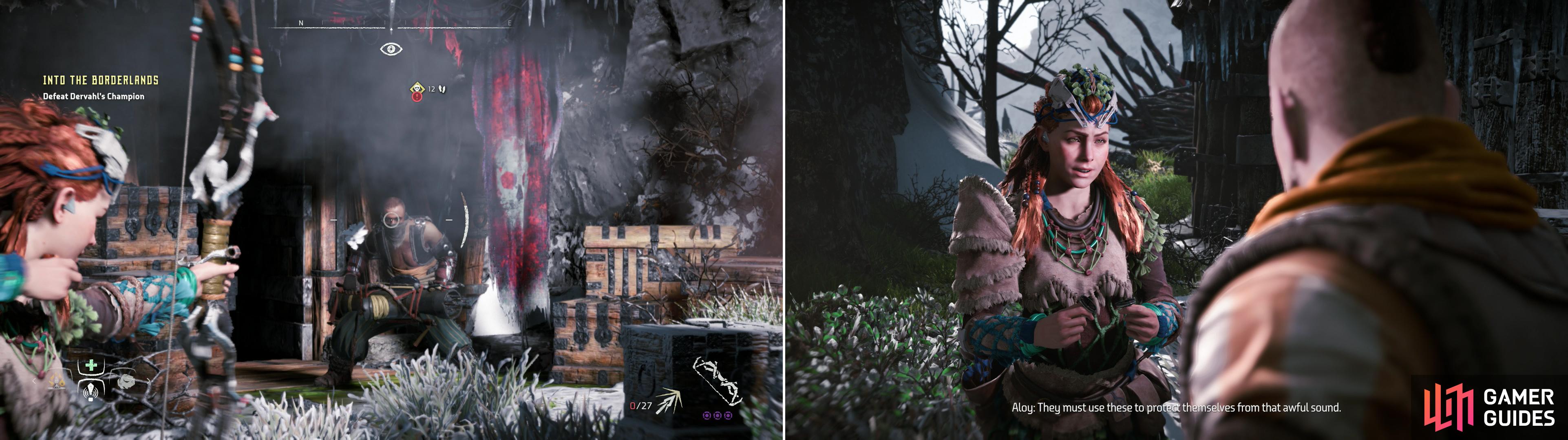 Defeat the heavily-armed mercenary that occupied Dervahl’s lair (left) after which Aloy will claim the devices that protected him from Dervahl’s sonic device (right).