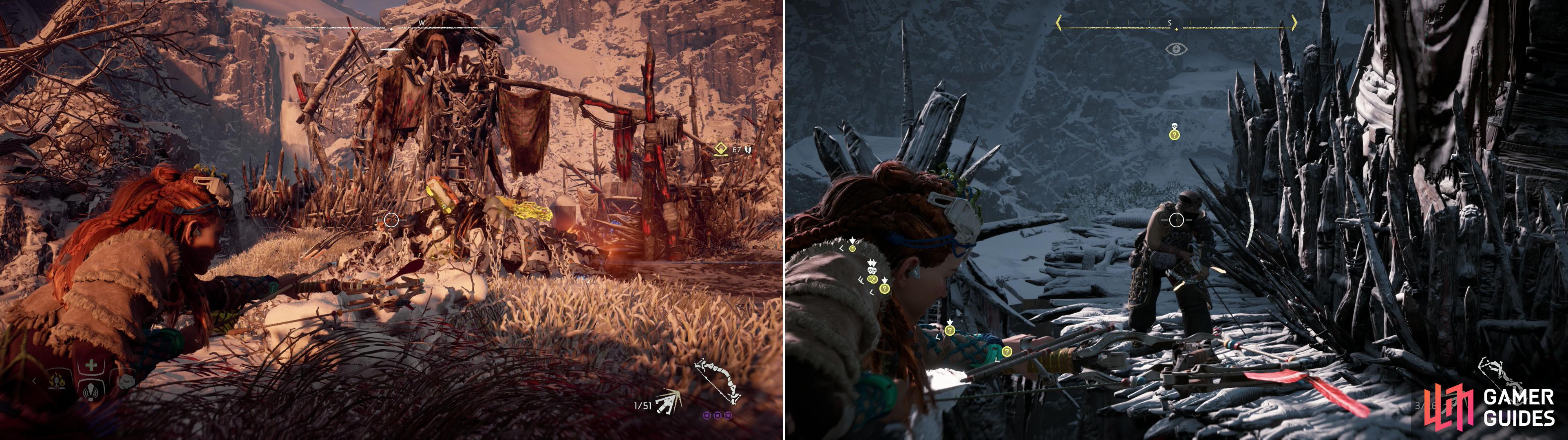 Metal Flower - Mark II (G) can be found north of Dervahl’s camp (left), but you’ll likely have to deal with a Stormbird to claim your prize (right).