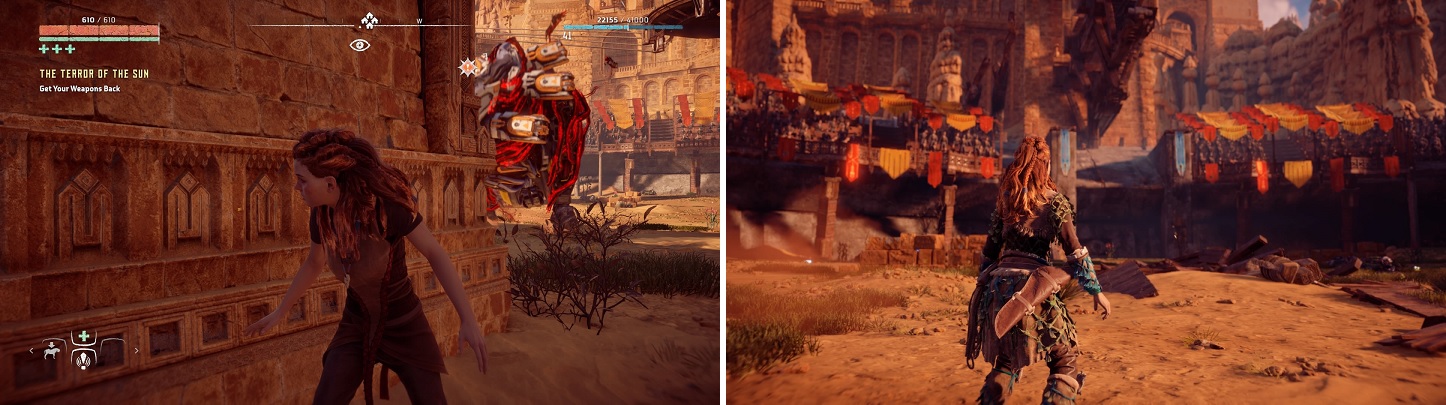 Lure the Behemoth into charging the pillars (left). This will knock down the platform, letting you regain your equipment (right).
