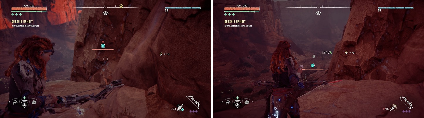 This ledge allows you to dodge the majority of the Rockbreaker’s attacks (left), while still being able to attack it (right).