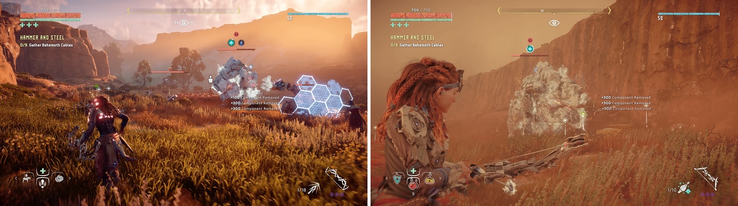 Things can get hectic with six machines (left). Freezing the Behemoths works wonders in depleting their health (right).