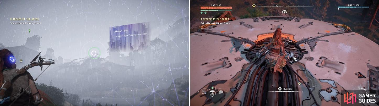 When close enough, look for the signal with your Focus (left). Once you climb the Tallneck, override it to finish that side activity (right).