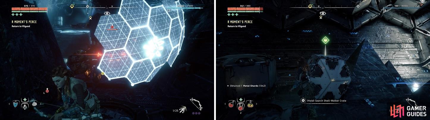 The Shell-Walker has a shield to block your shots (left). Knock off its crate to gain some nice loot (right).