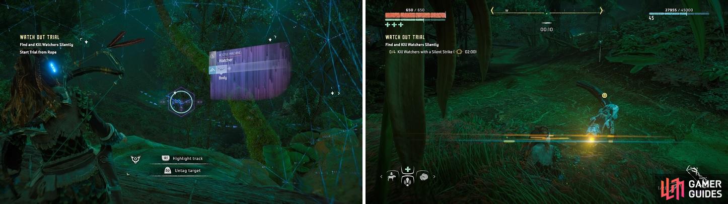You can use your Focus by the keeper without starting the time (left). Keep to the tall grass to avoid getting seen by the machines (right).