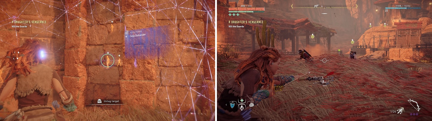 Tag the enemies from outside of the wall (left). Use the tall grass to sneak around and kill the enemies (right).
