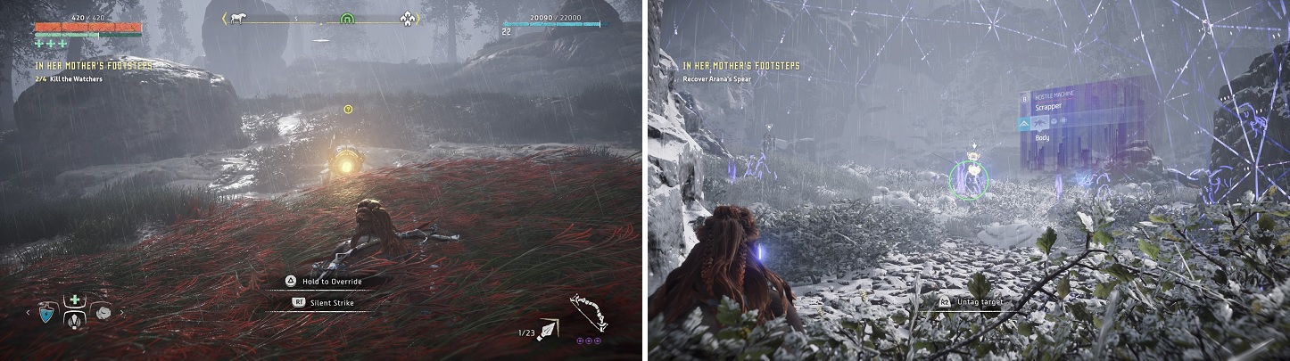 Use the tall grass to take out the Watchers surrounding Arana (left). The Scrapper shown is the one with the spear sticking out of it (right).