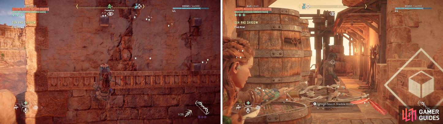 You can climb up the back wall of the little fort (left), but be mindful of the patrolling guard up top (right).
