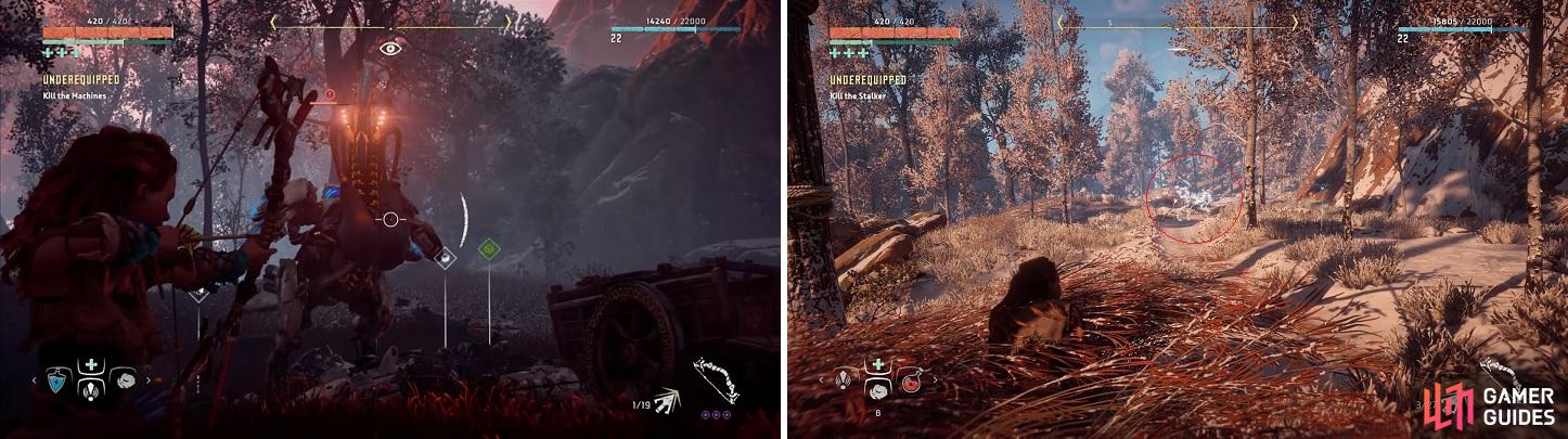 Hitting the Longleg on its sac will cause a tear-based explosion (left). The Stalker is notorious for hiding with its cloak on (right).