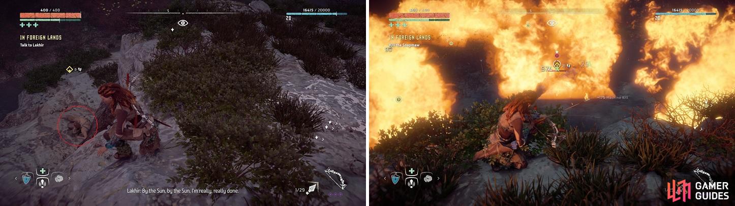 Lakhir is hiding on the island with the Snapmaws (left). Hitting the Blaze Canister with a fire arrow will cause it to explode after a few seconds (right).