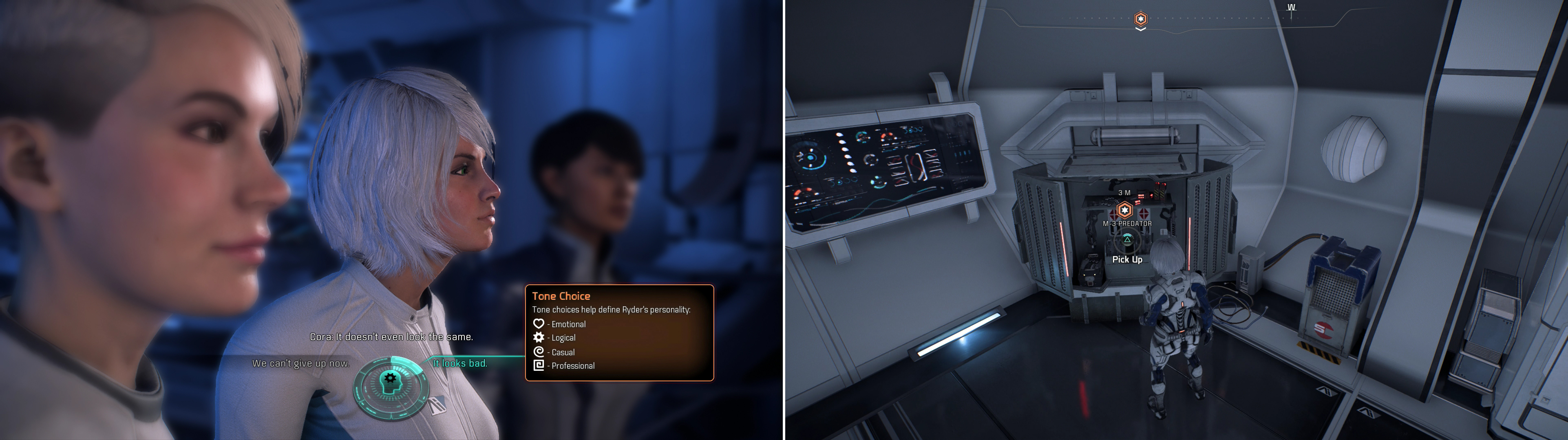 Dialogue choices rarely get you different results, but you can note the icons next to them, which indicate Ryder's tone (left). Be sure to arm yourself appropriately before embarking on your first adventure (right).