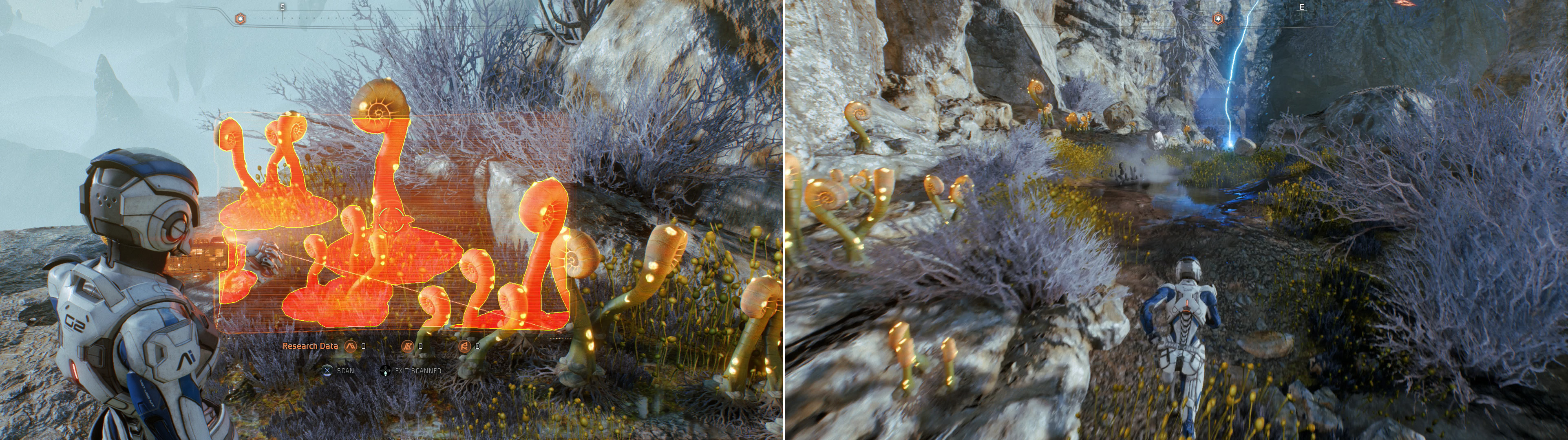 While it may not be a golden world anymore, there's still plenty of life to scan (left). Sprint to get through a field of lightning (right).