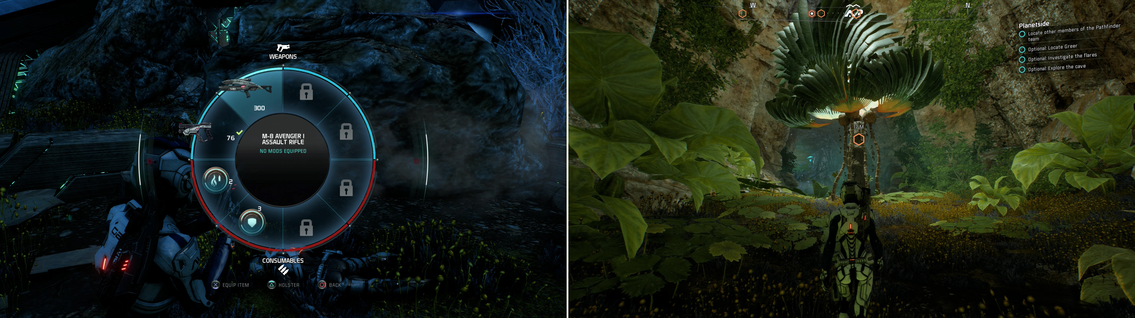 Search Kirkland's body for an M-8 Avenger Assault Rifle (left). In a sheltered cave you'll be able to catch a glimpse of Habitat 7 as it once was (right).