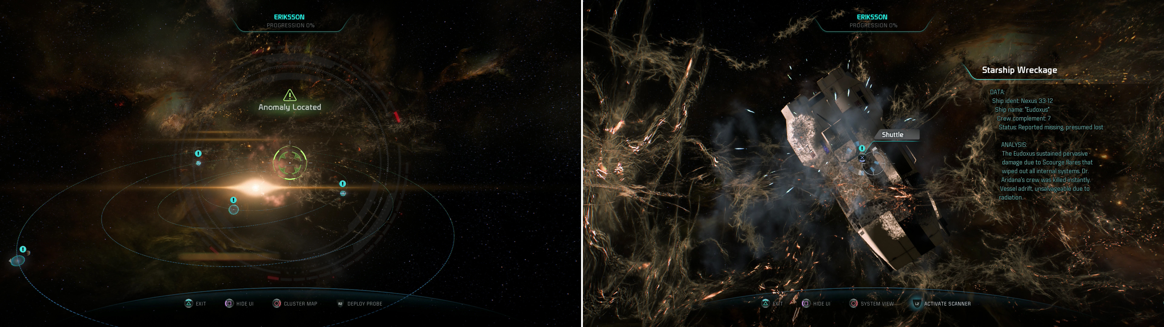 Scan the Eriksson system for anomalies to find a Starship Wreckage (left) then fly in for a closer look to confirm the fate of the scientists (right).