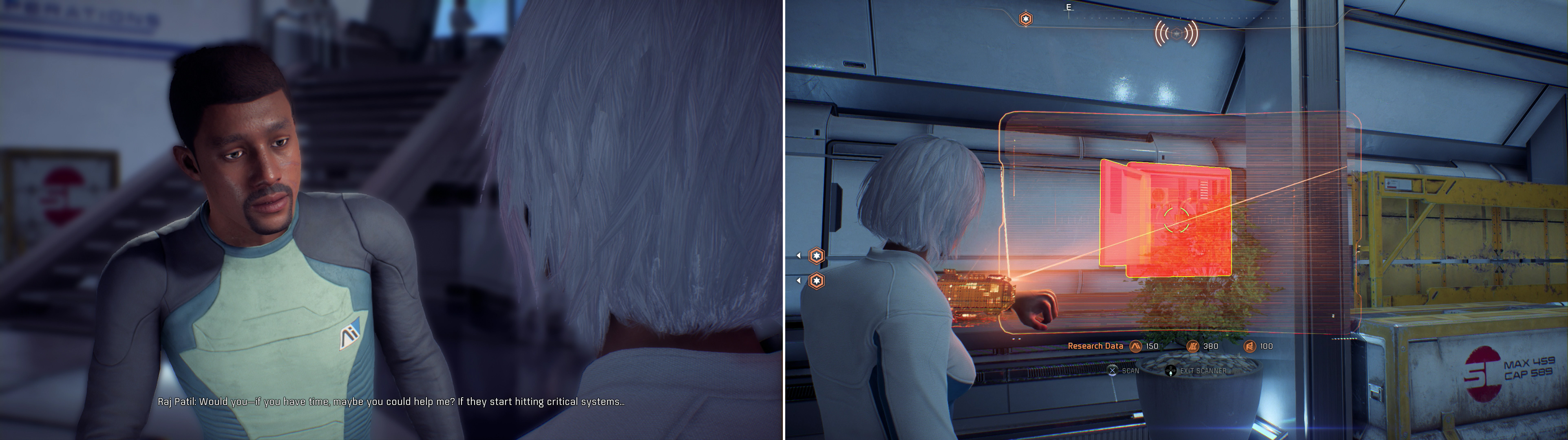 After a surprising explosion on the Nexus, talk to the engineer involved, who suspects sabotage! (left) Scan the suspicious panels (right) to confirm his suspicions.