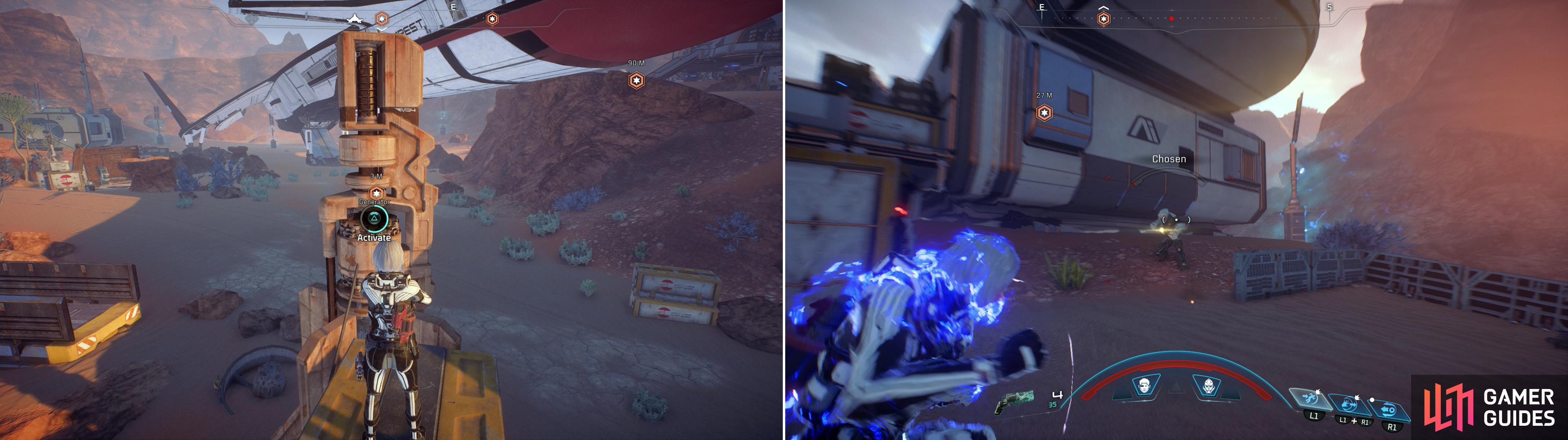 Activate Generators to restore the power (left) then fend off the Kett lured by the activity (right).